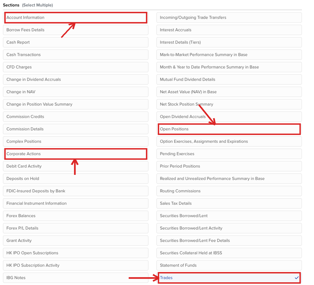 Trades, Open Positions, Account Information and Corporate Actions selected in the Sections list